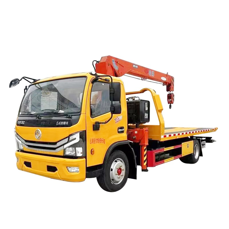 Dongfeng Rollback Tow Truck Mounted with 5 Ton Boom Crane Flatbed Wrecker Truck for Emergency Rescue
